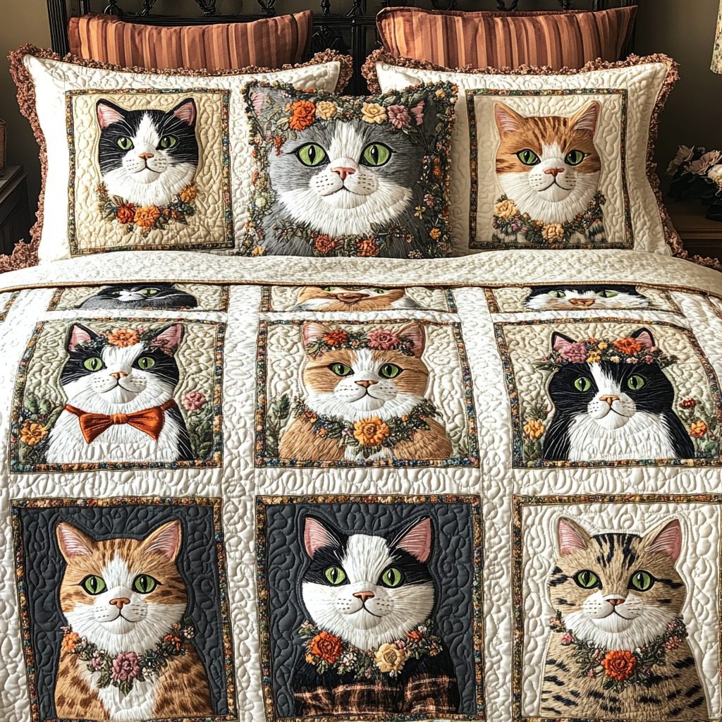 Fluffy Friends quilted 3-piece bedding set on a made bed with two matching pillow shams