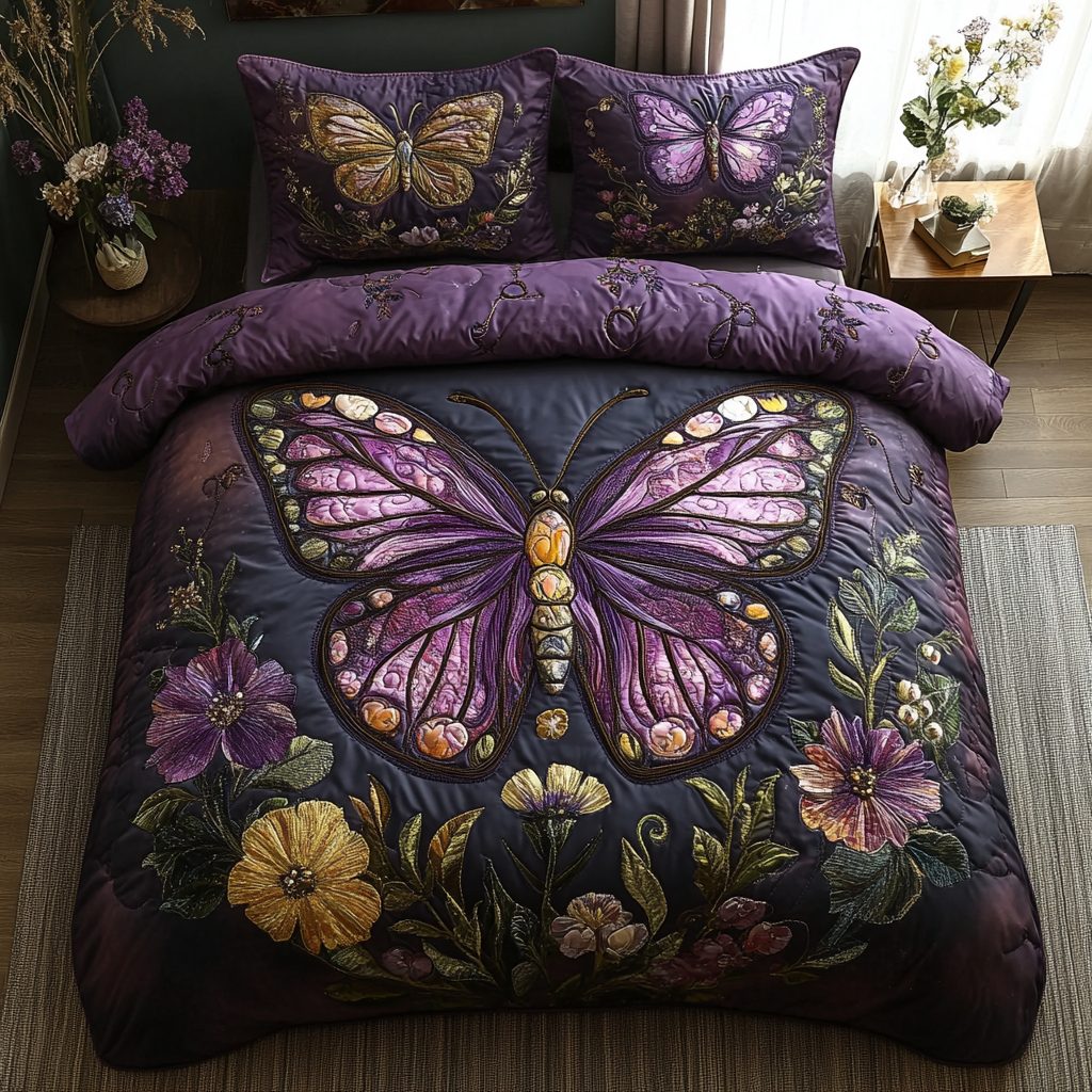 Flutter Bliss quilted 3-piece bedding set on a made bed with two matching pillow shams