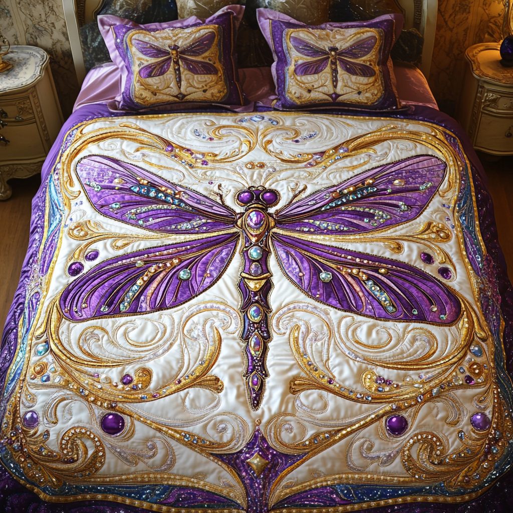 Flutter Flight quilted 3-piece bedding set on a made bed with two matching pillow shams