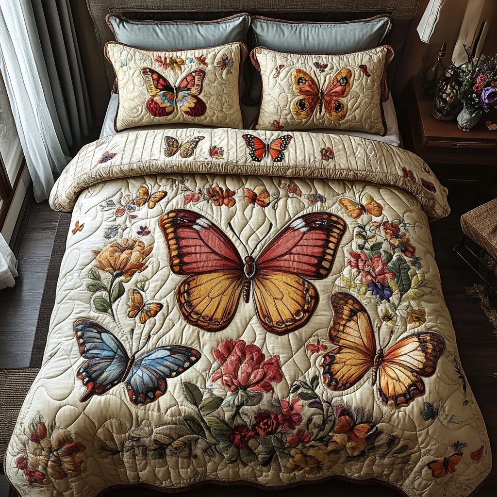 Flutter Garden quilted 3-piece bedding set on a made bed with two matching pillow shams