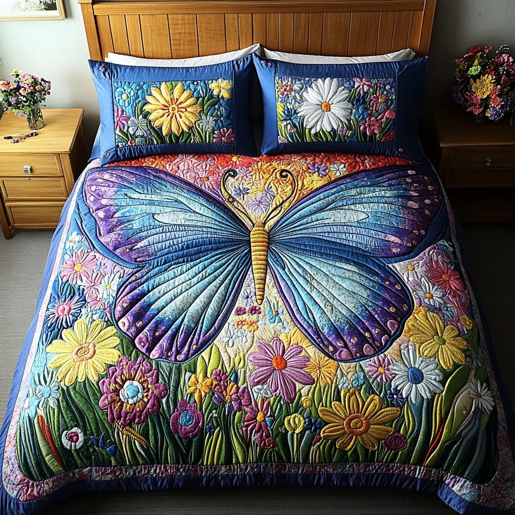 Flutter Garden quilted 3-piece bedding set on a made bed with two matching pillow shams