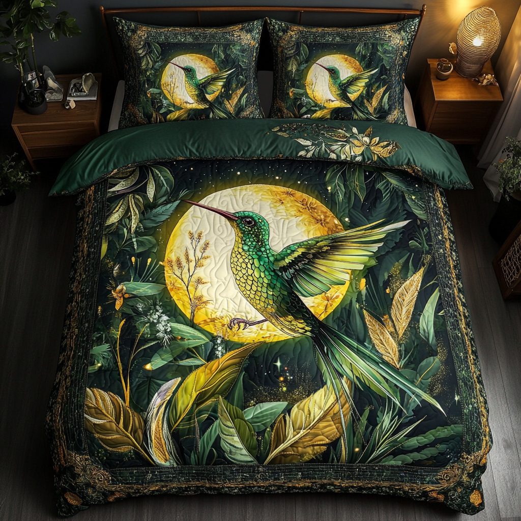 Flutter Glow quilted 3-piece bedding set on a made bed with two matching pillow shams