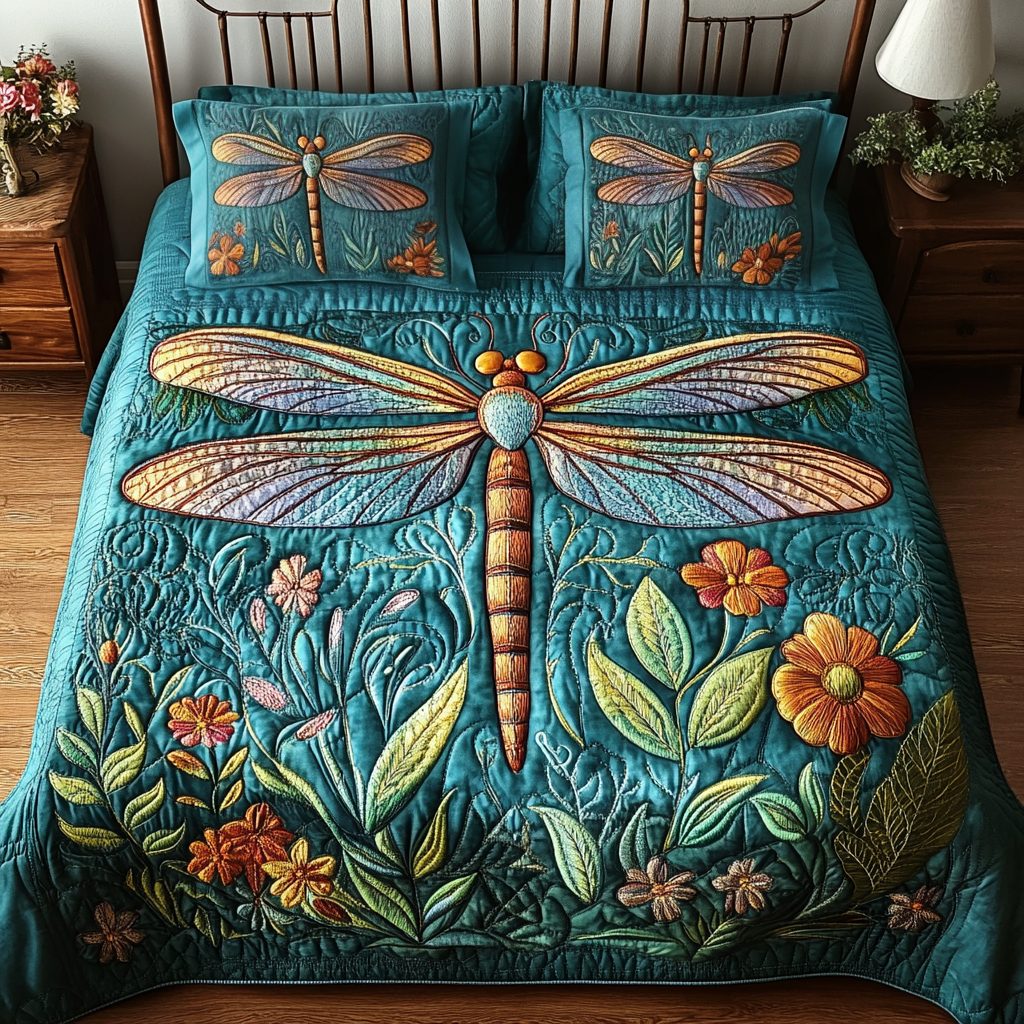 Flutter Glow quilted 3-piece bedding set on a made bed with two matching pillow shams