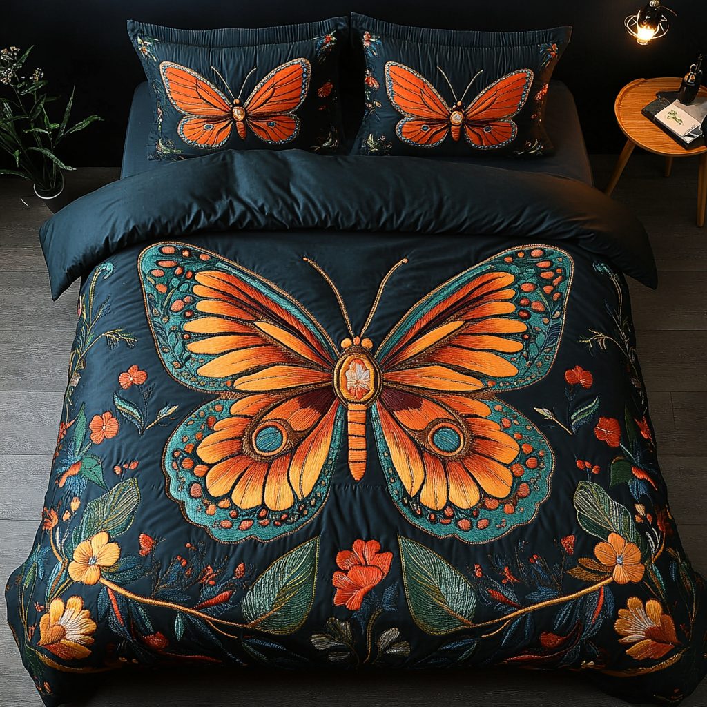 Flutter Grace quilted 3-piece bedding set on a made bed with two matching pillow shams