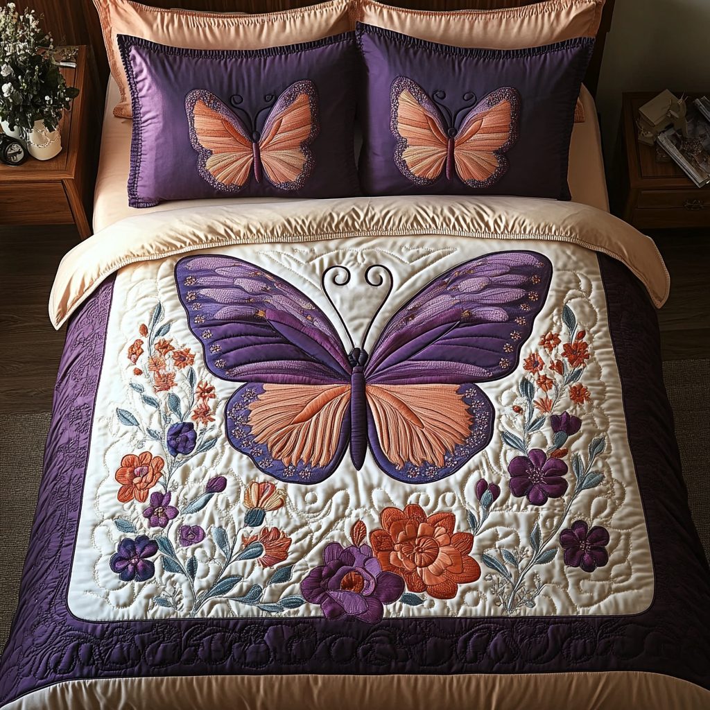 Flutter Grace quilted 3-piece bedding set on a made bed with two matching pillow shams
