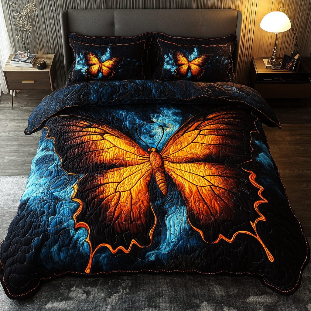 Flutter Grace quilted 3-piece bedding set on a made bed with two matching pillow shams