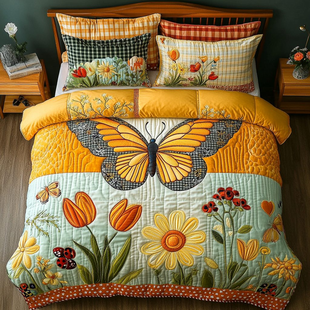 Flutter Grace quilted 3-piece bedding set on a made bed with two matching pillow shams