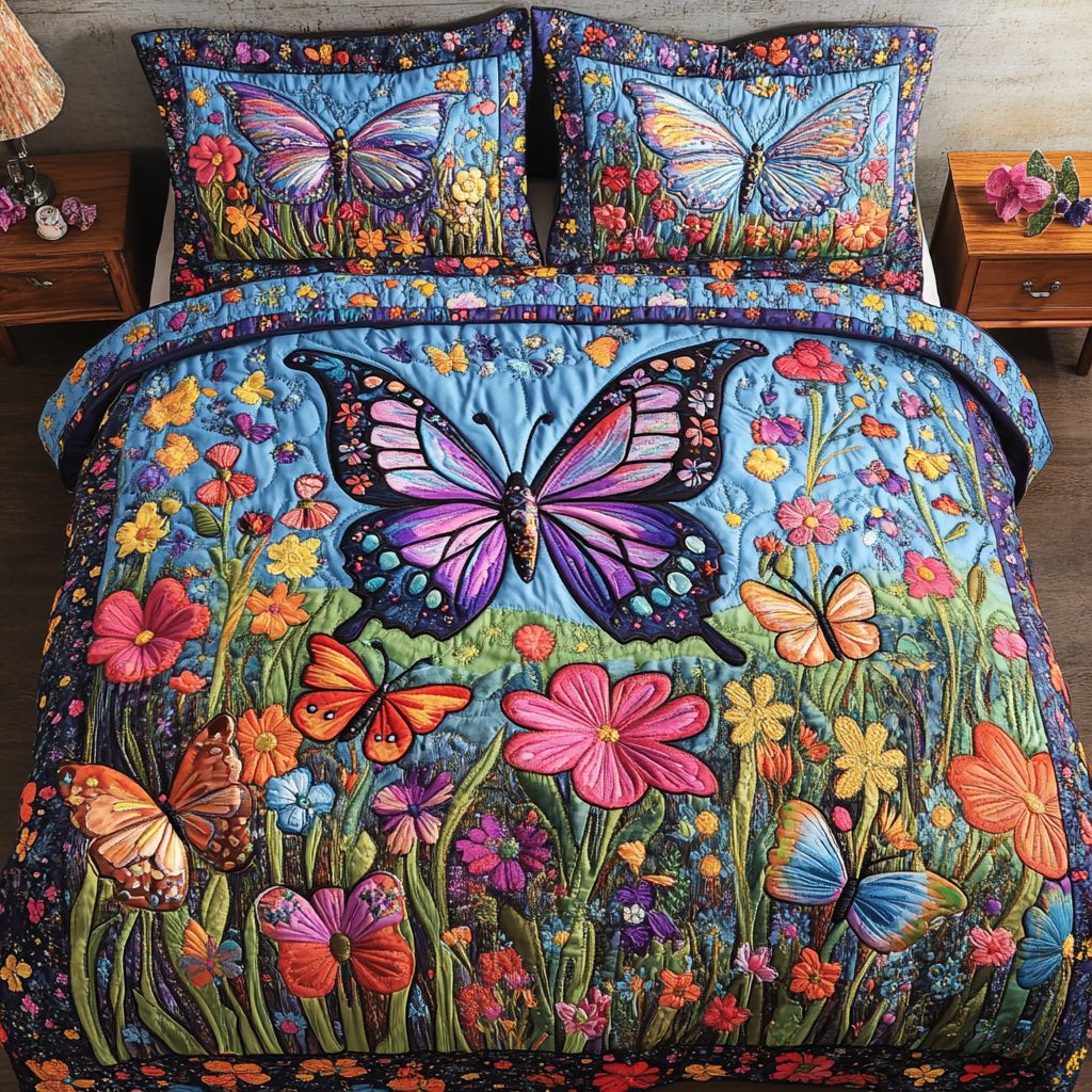 Flutter Grace quilted 3-piece bedding set on a made bed with two matching pillow shams