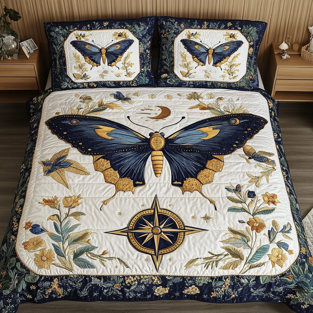 Flutter Night quilted 3-piece bedding set on a made bed with two matching pillow shams