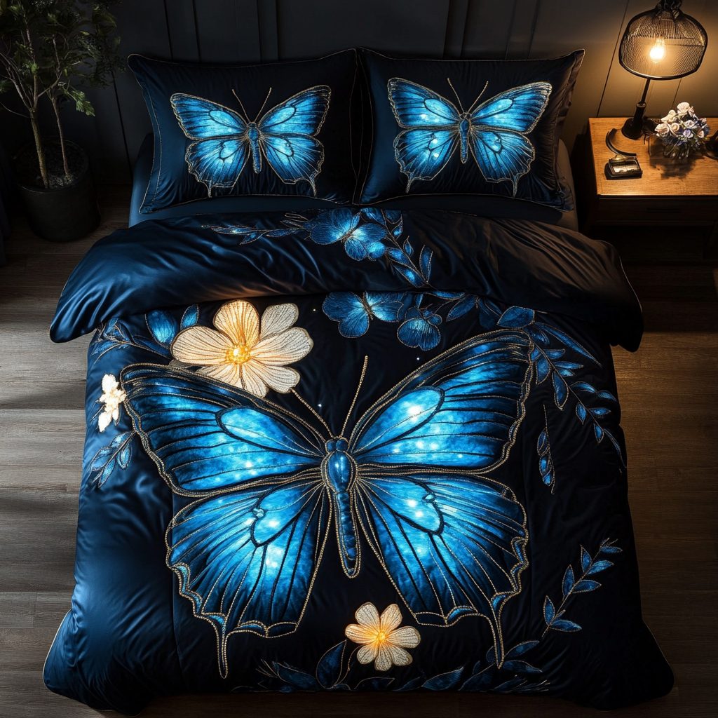 Fluttering Grace quilted 3-piece bedding set on a made bed with two matching pillow shams