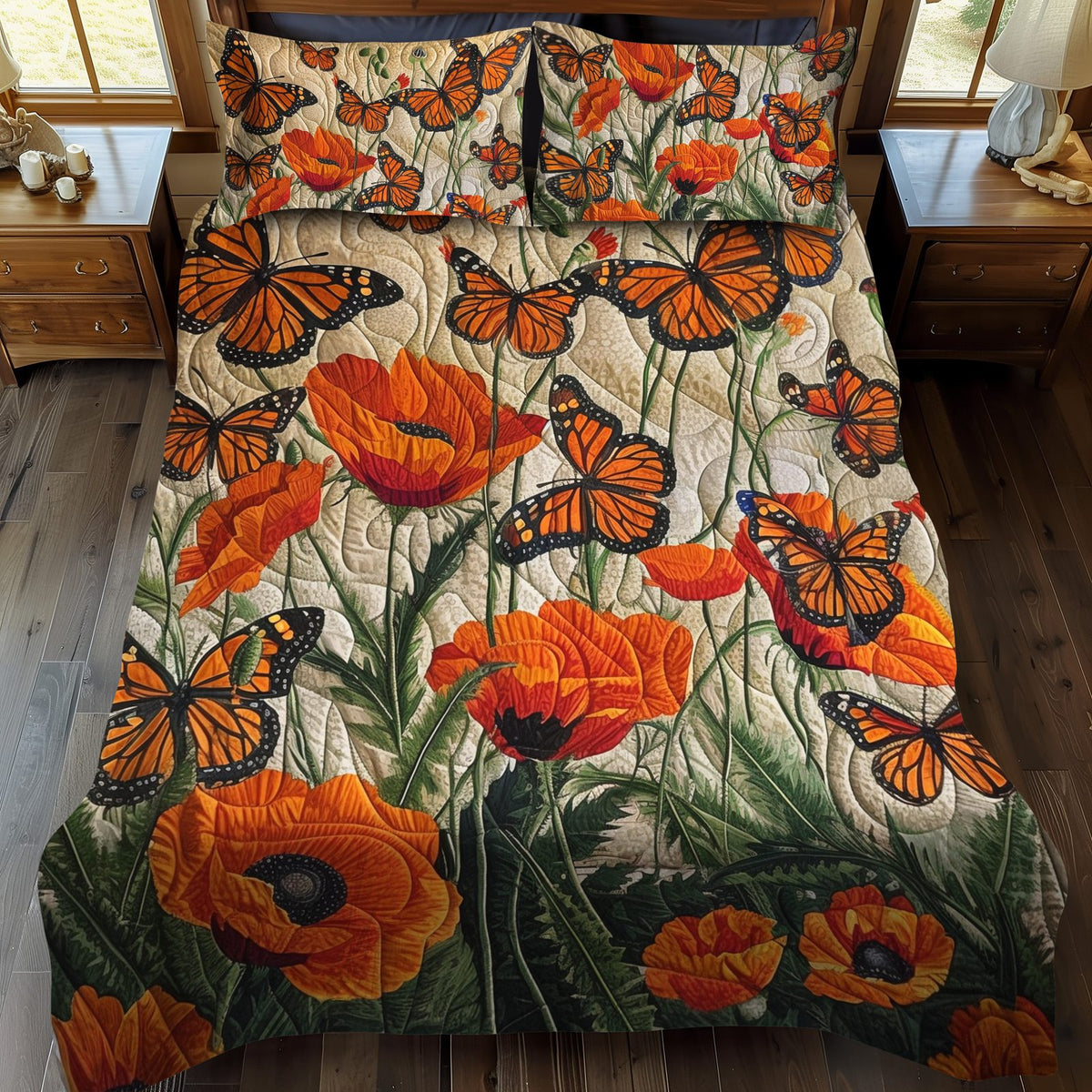 Fluttering Monarch Butterflies quilted 3-piece bedding set on a made bed with two matching pillow shams