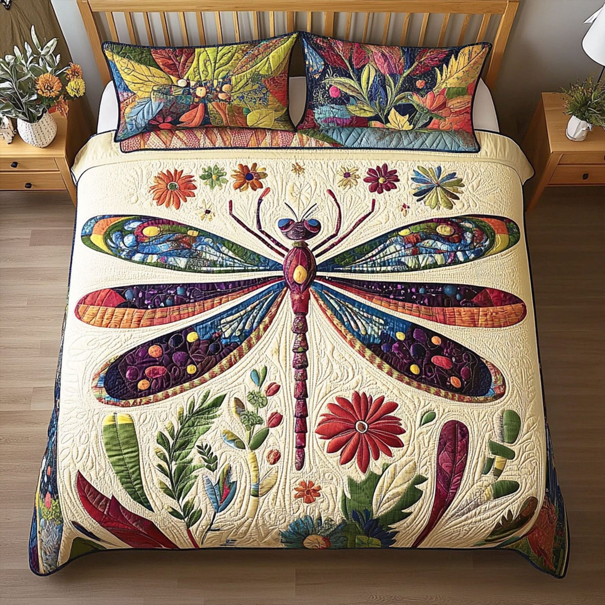 Fluttering Spirit quilted 3-piece bedding set on a made bed with two matching pillow shams