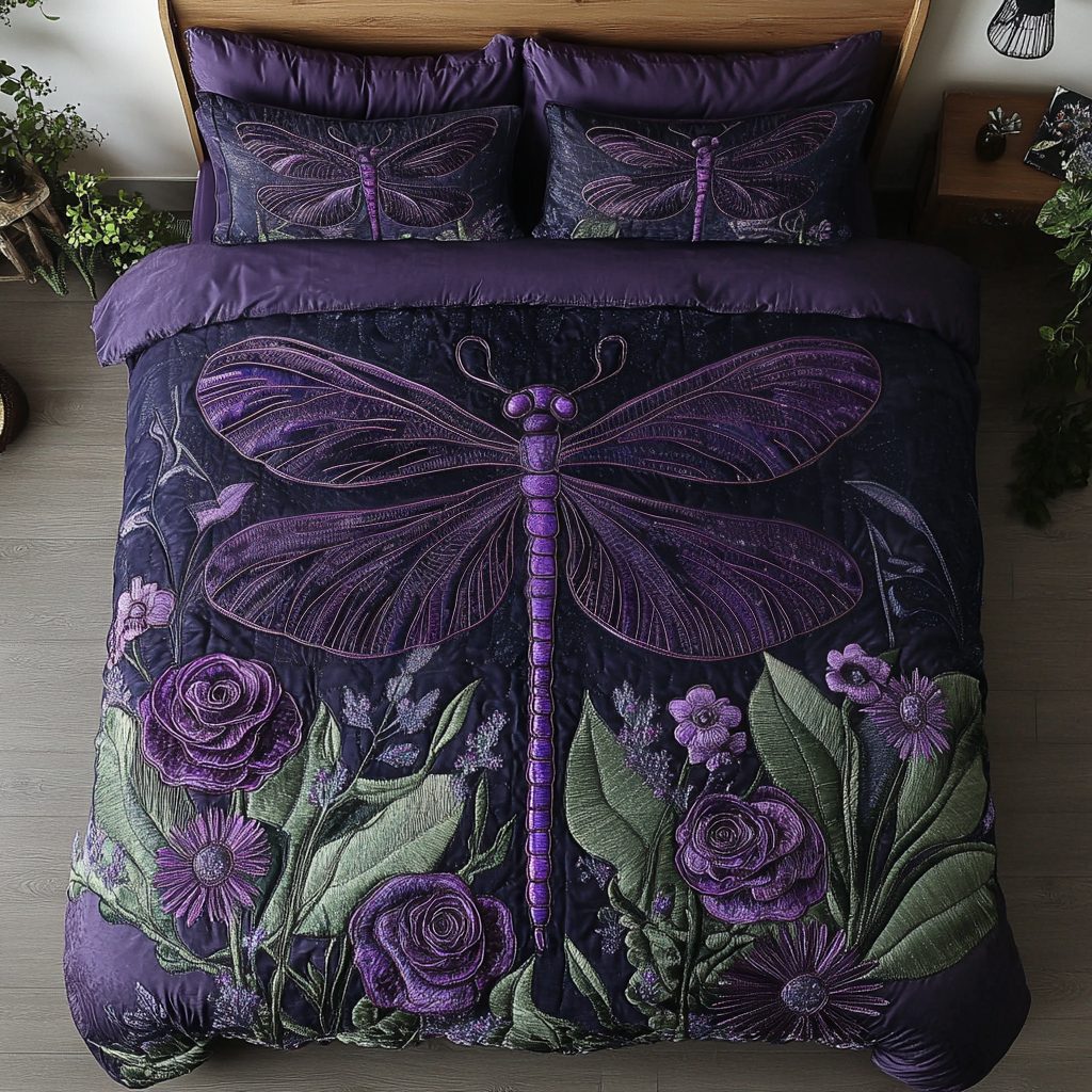 Fly Away quilted 3-piece bedding set on a made bed with two matching pillow shams