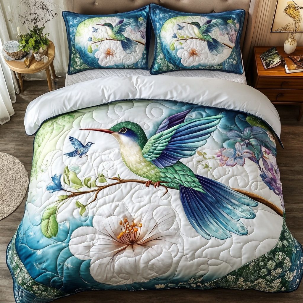 Flying Hummingbird quilted 3-piece bedding set on a made bed with two matching pillow shams