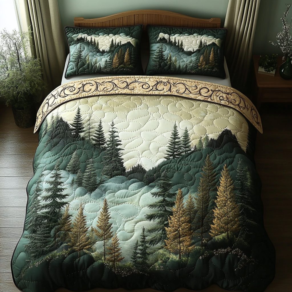 Foggy Forest quilted 3-piece bedding set on a made bed with two matching pillow shams