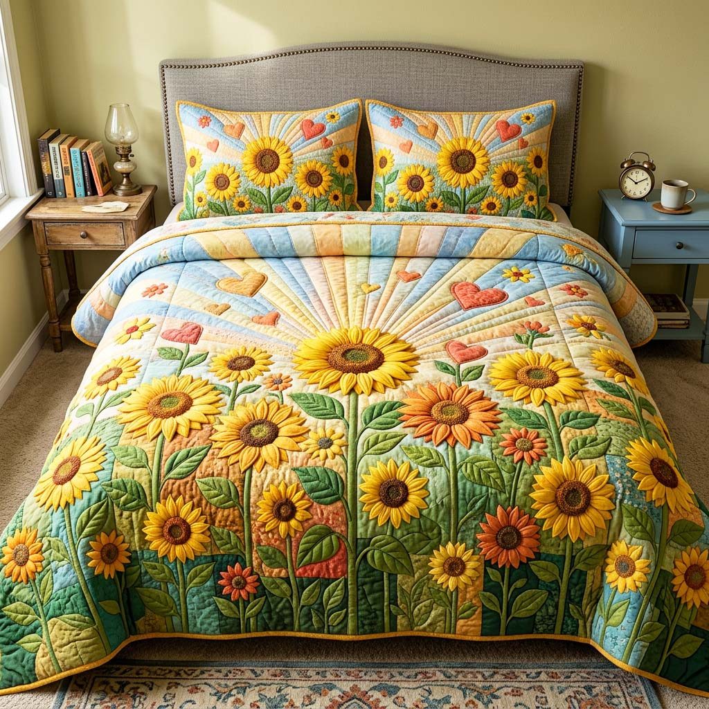 Folk Garden quilted 3-piece bedding set on a made bed in a farmhouse bedroom