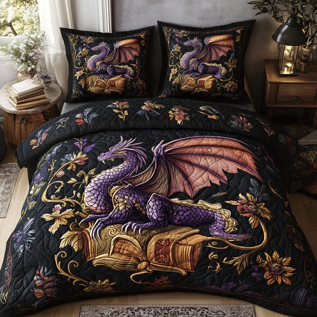 Folklore Dragon quilted 3-piece bedding set on a made bed with two matching pillow shams