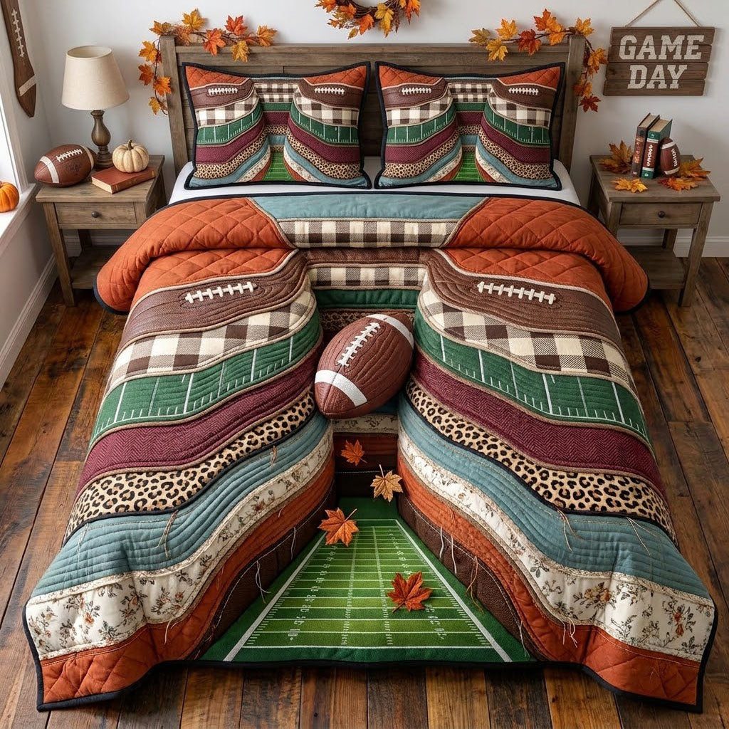 Football Game Day quilted 3-piece bedding set on a made bed with two matching pillow shams
