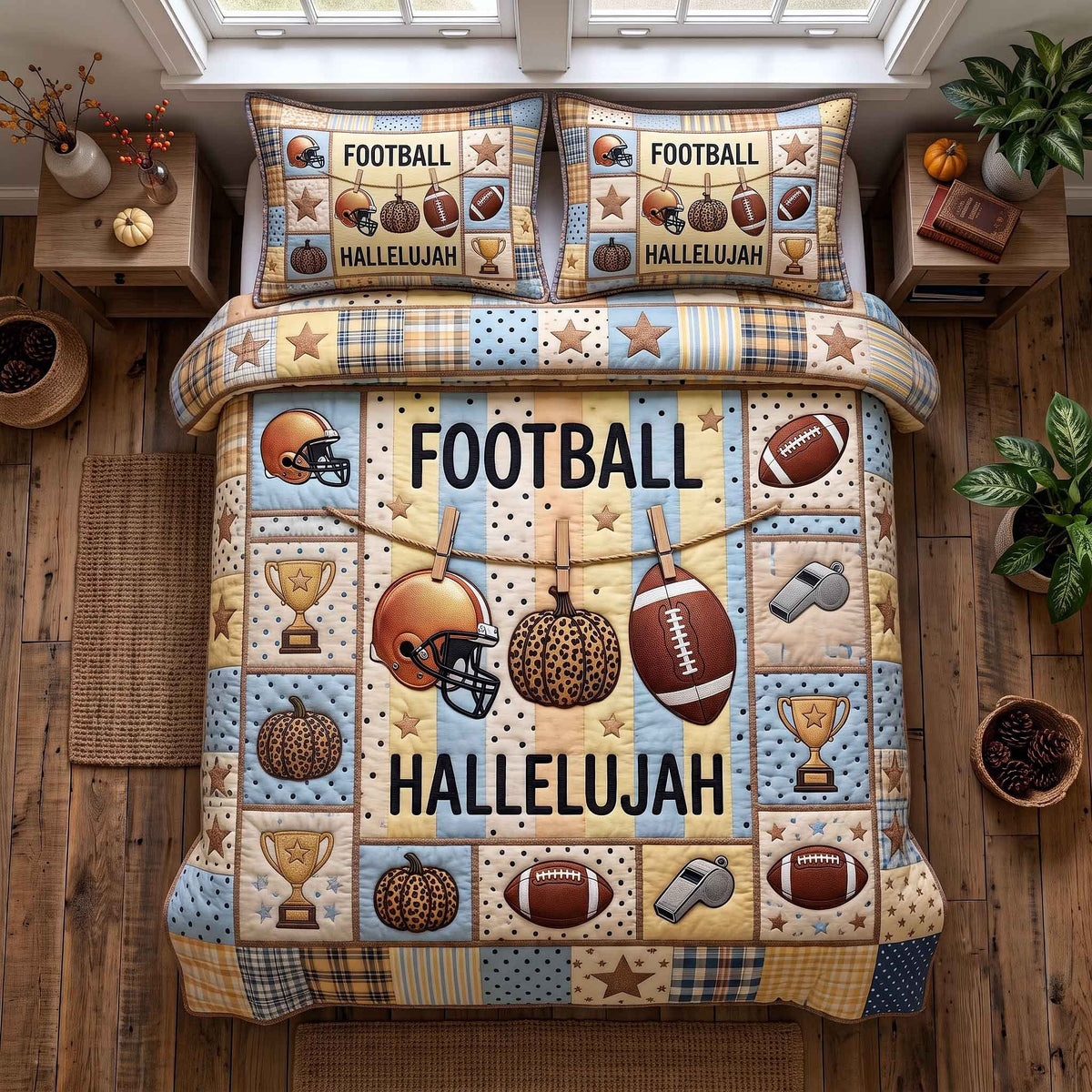 Football Hallelujah quilted 3-piece bedding set on a made bed with two matching pillow shams