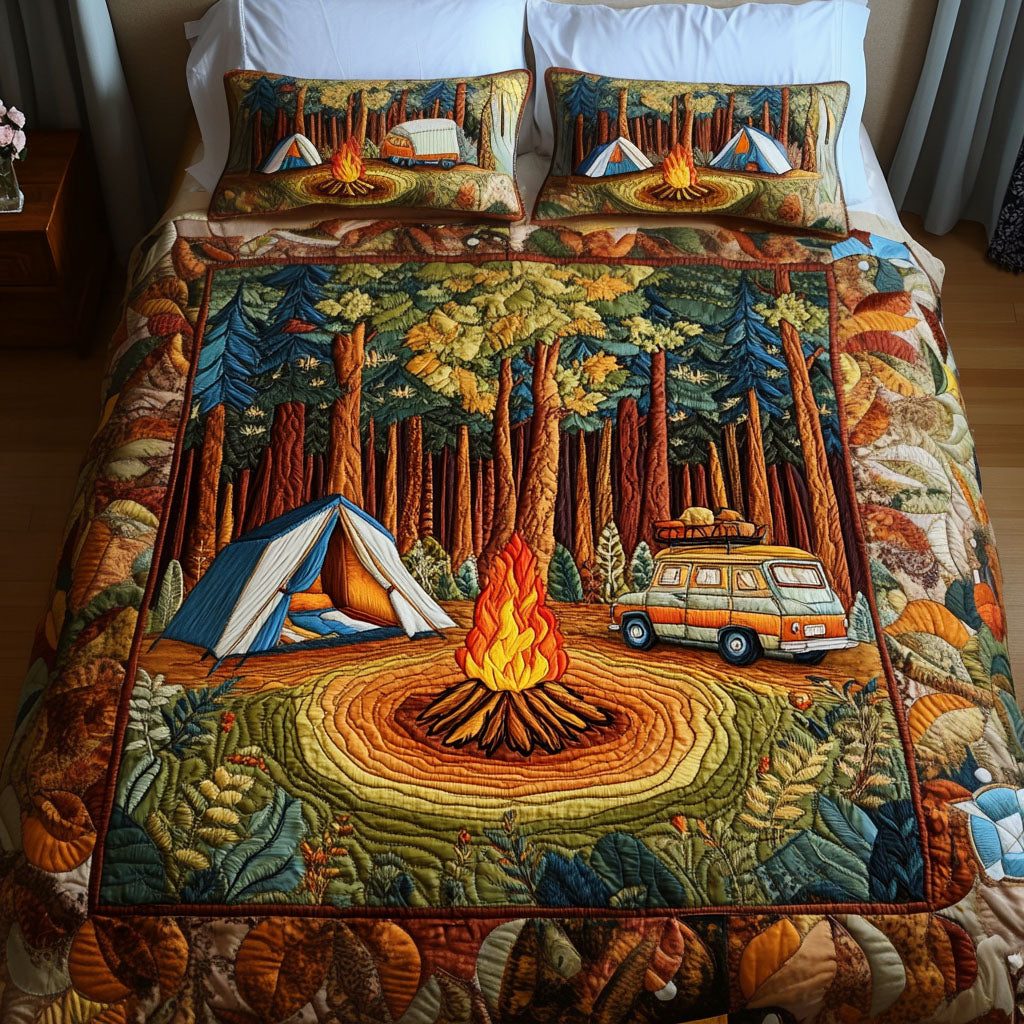 Forest Adventure quilted 3-piece bedding set on a made bed in a winter-styled bedroom