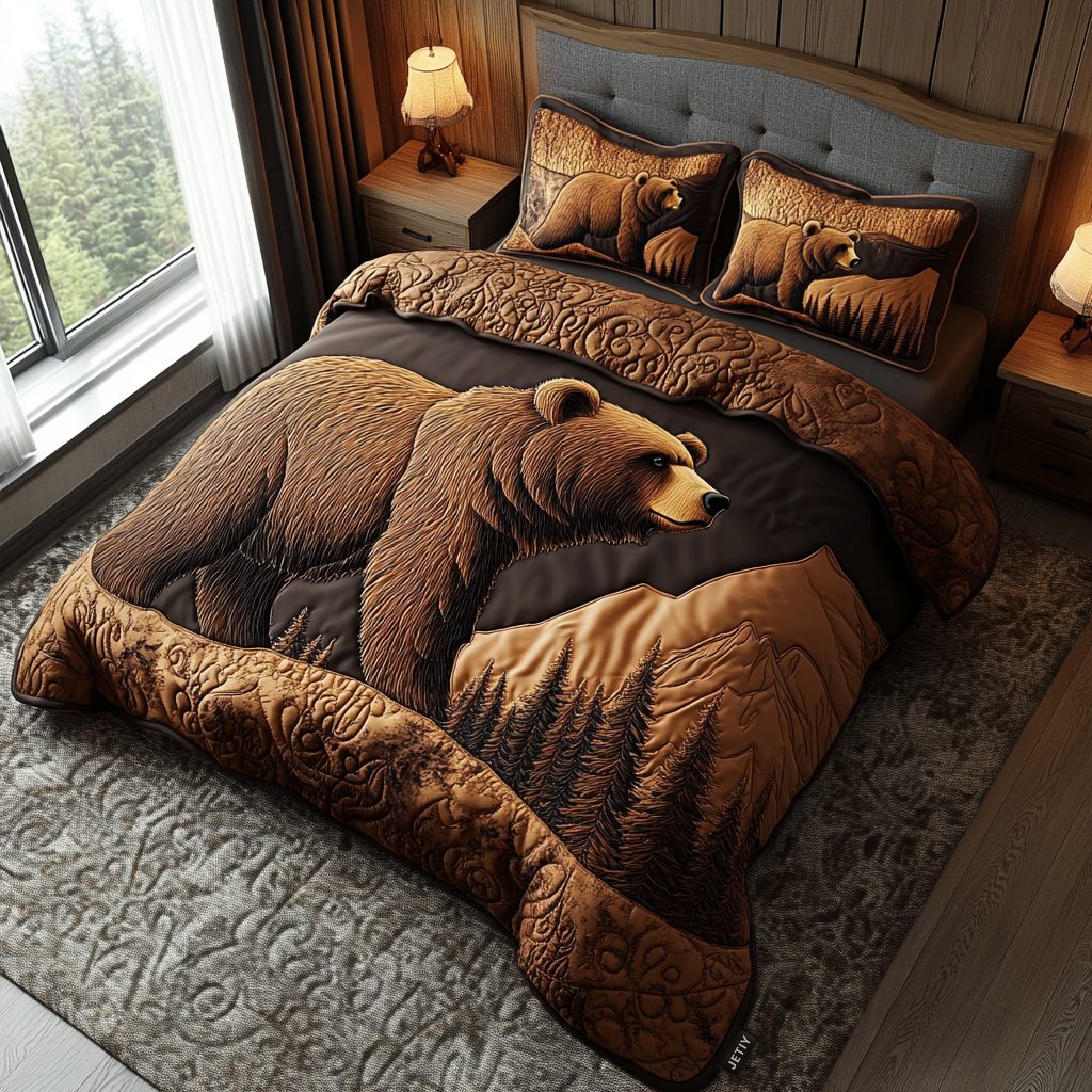Forest Animals quilted 3-piece bedding set on a made bed with two matching pillow shams