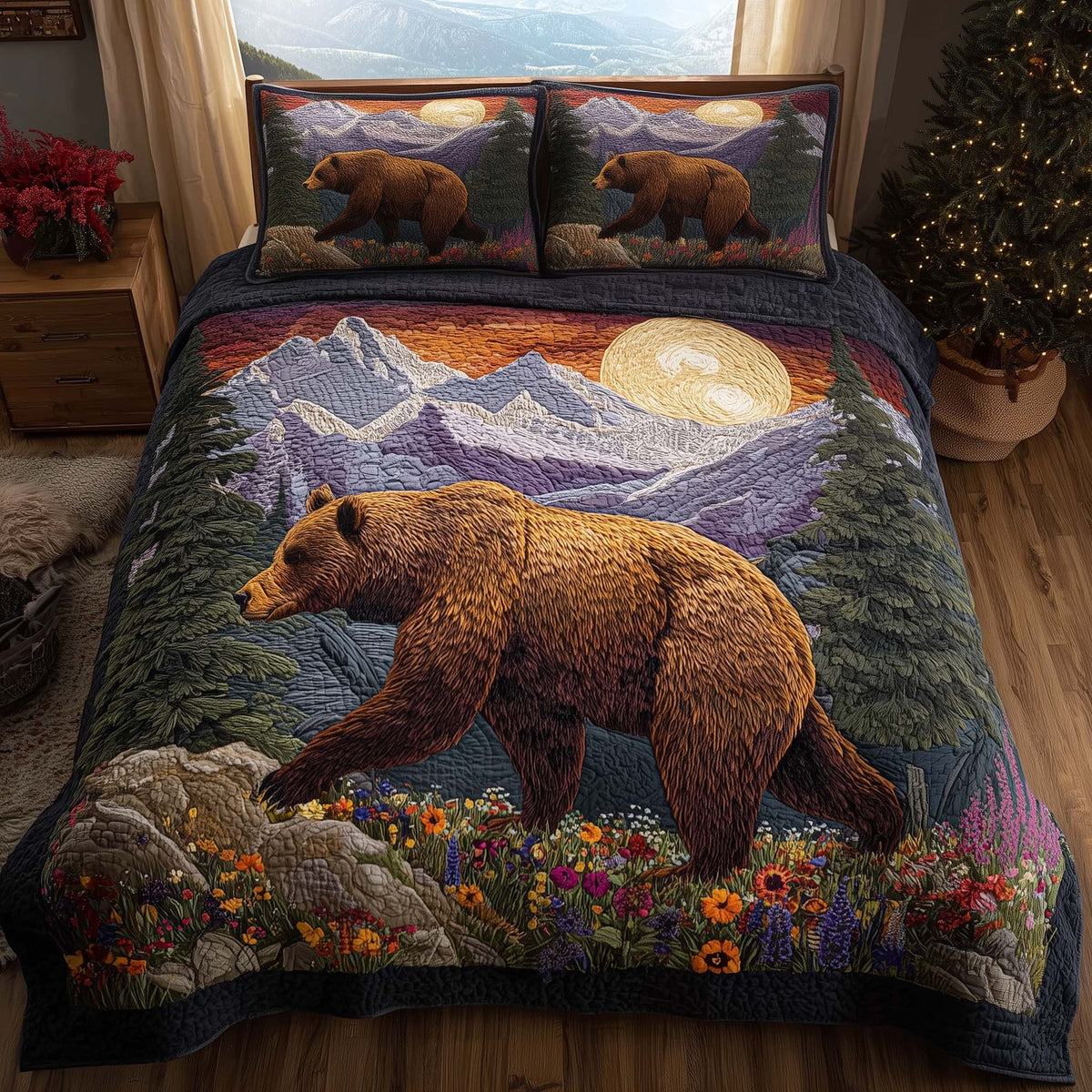 Forest Bear quilted 3-piece bedding set on a made bed with two matching pillow shams