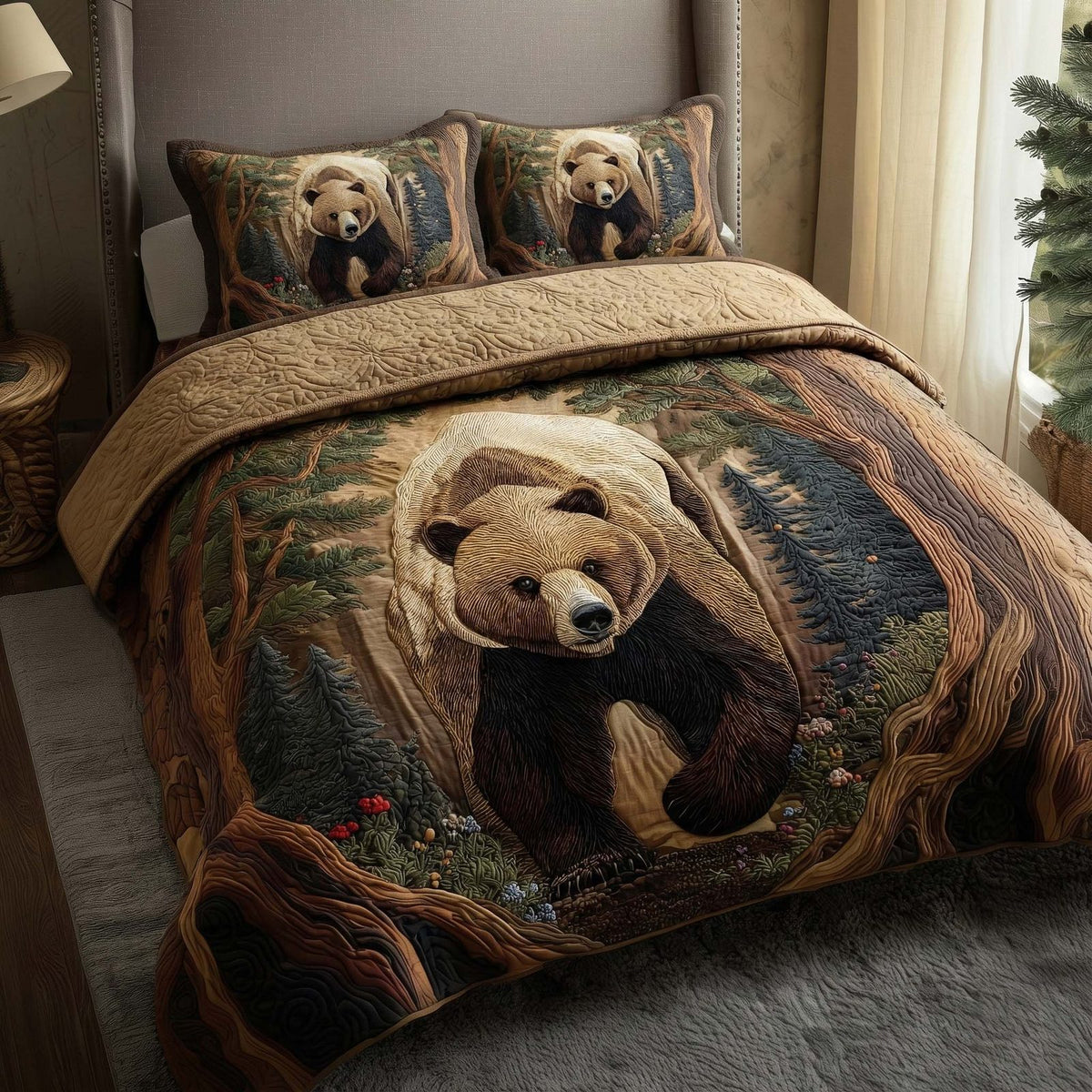 Forest Bear quilted 3-piece bedding set on a made bed with two matching pillow shams