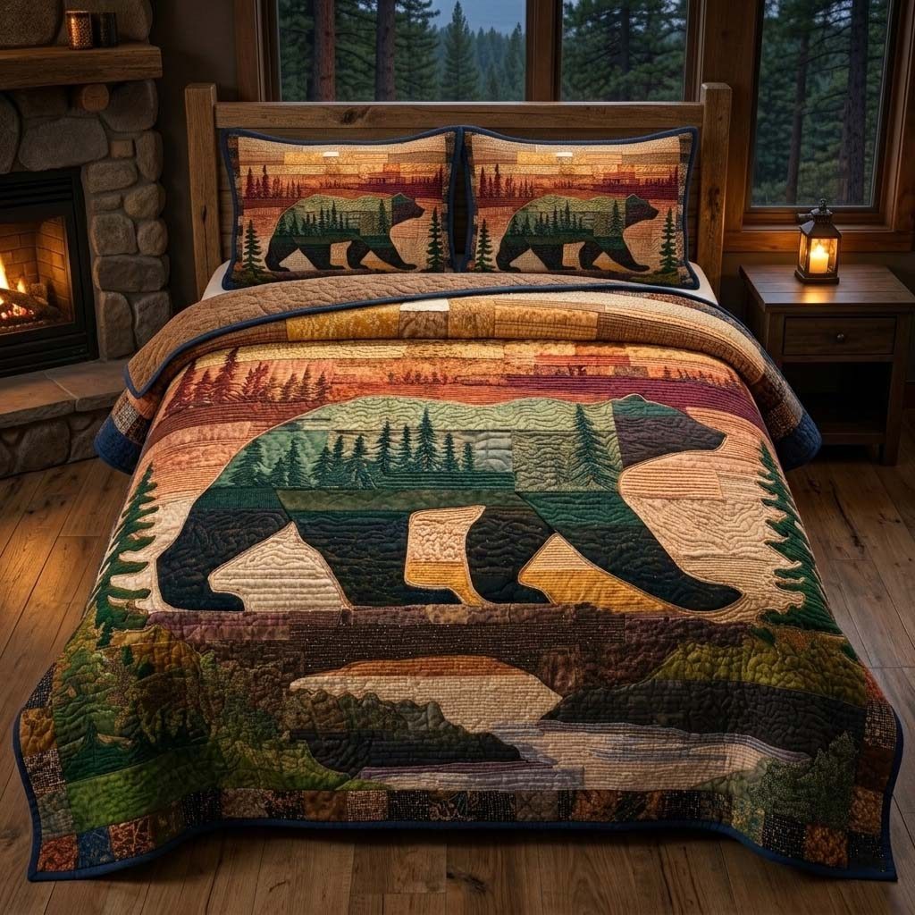 Forest Bear quilted 3-piece bedding set on a made bed with two matching pillow shams