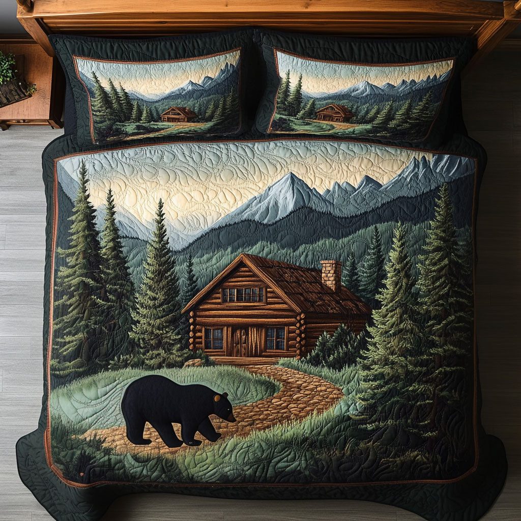 Forest Bear Sanctuary quilted 3-piece bedding set on a made bed with two matching pillow shams