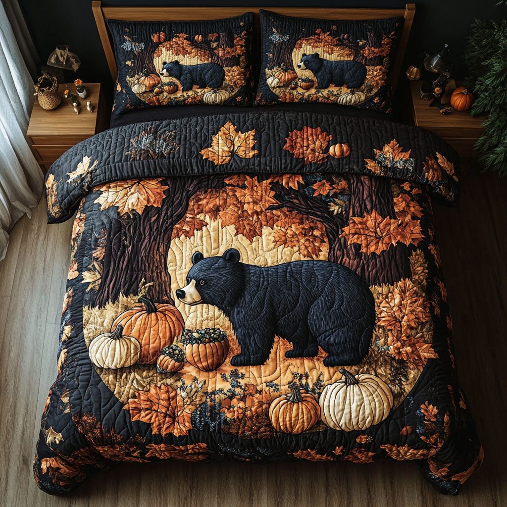 Forest Bear Wanderer quilted 3-piece bedding set on a made bed with two matching pillow shams