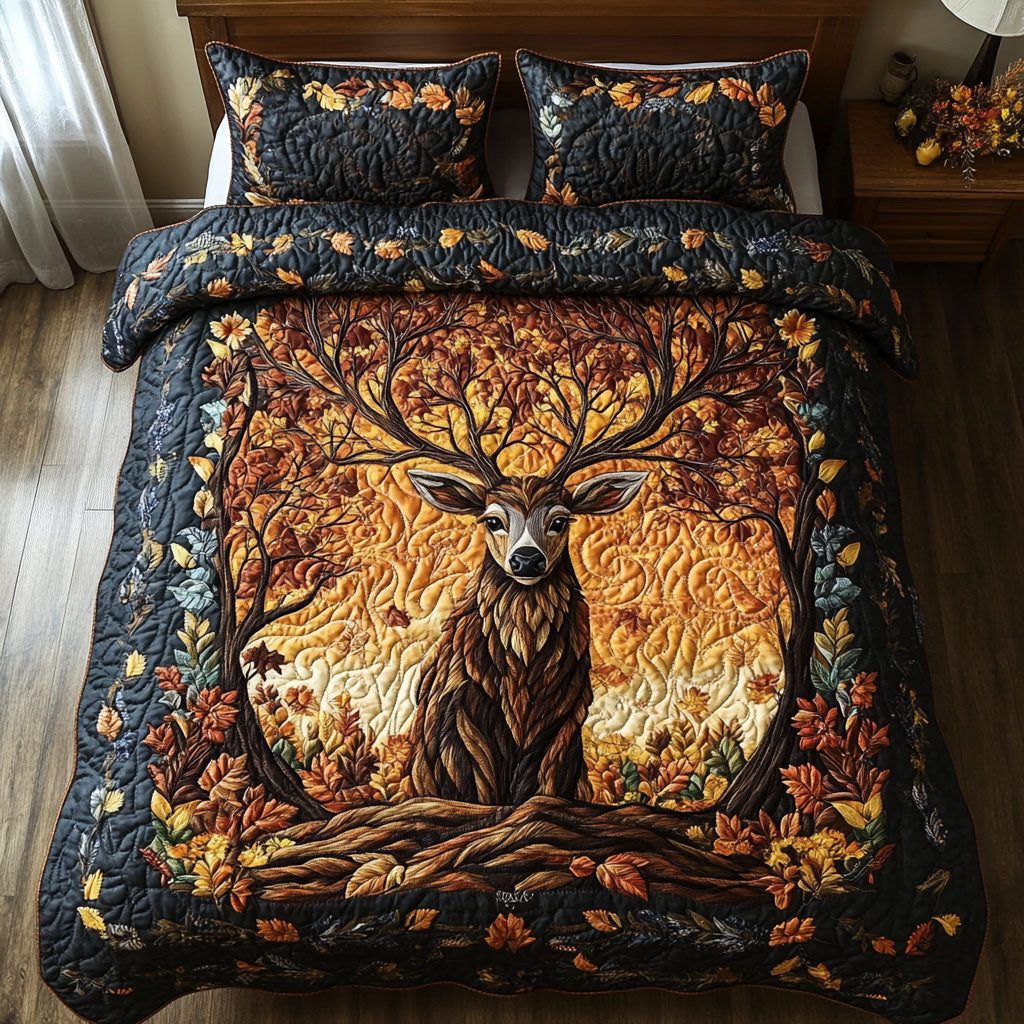 Forest Bloom Majesty quilted 3-piece bedding set on a made bed with two matching pillow shams