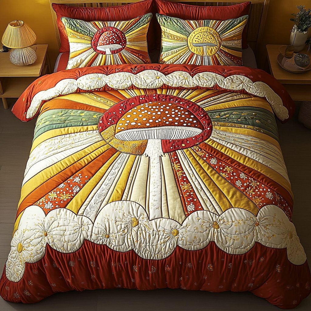 Forest Bloom quilted 3-piece bedding set on a made bed with two matching pillow shams