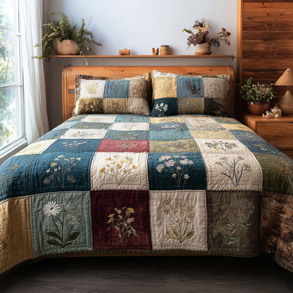 Forest Botanics quilted 3-piece bedding set on a made bed with two matching pillow shams