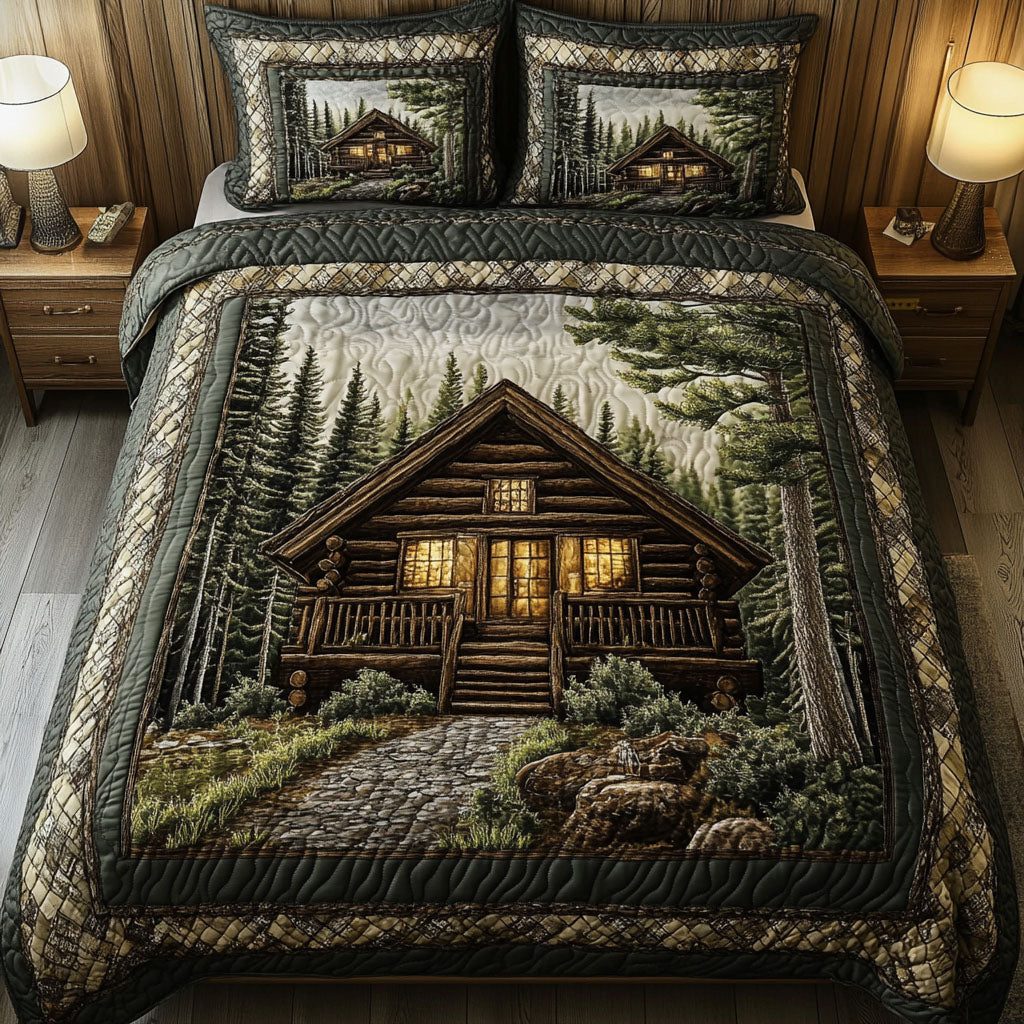 Forest Cabin Pathway quilted 3-piece bedding set on a made bed with two matching pillow shams