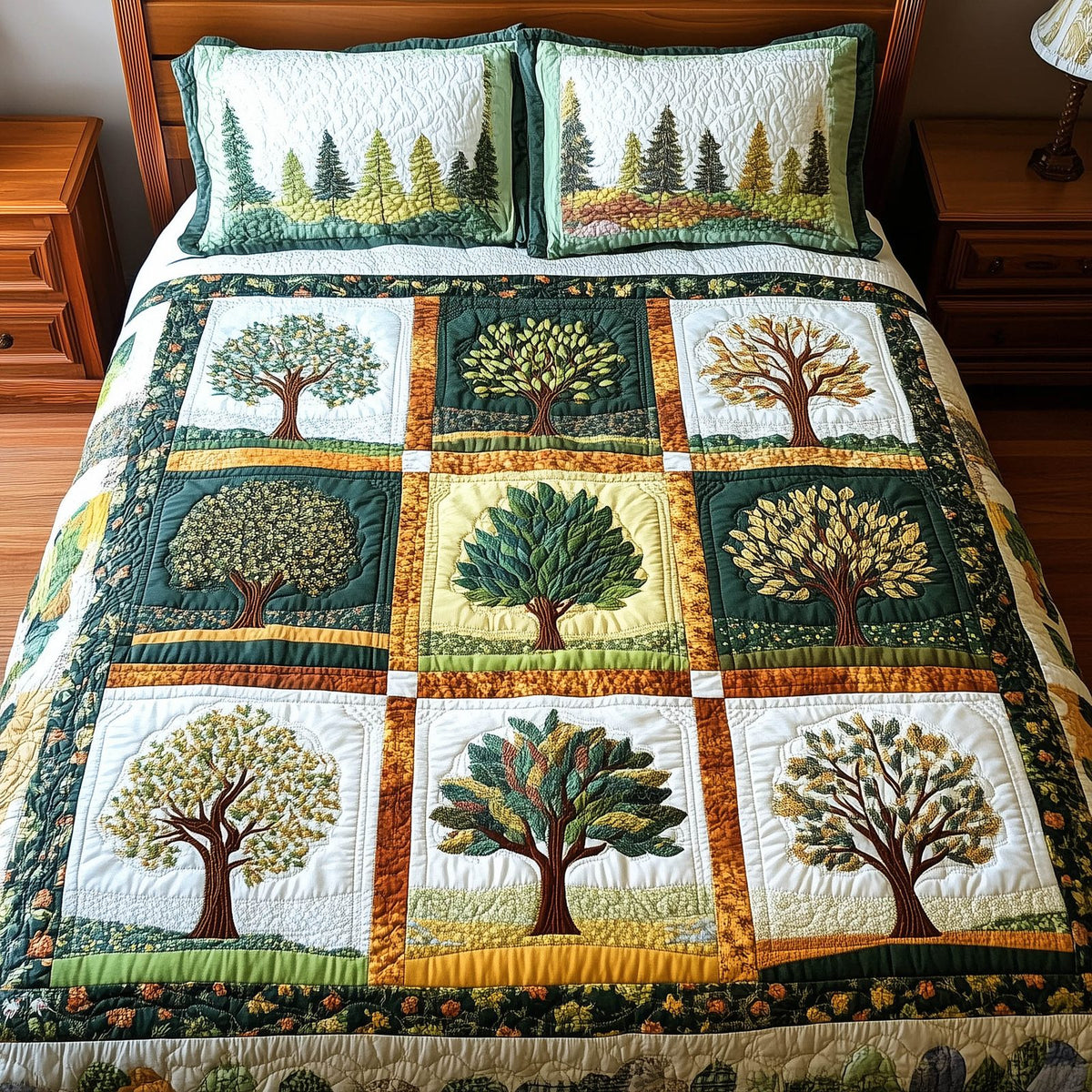 Forest Charm quilted 3-piece bedding set on a made bed with two matching pillow shams