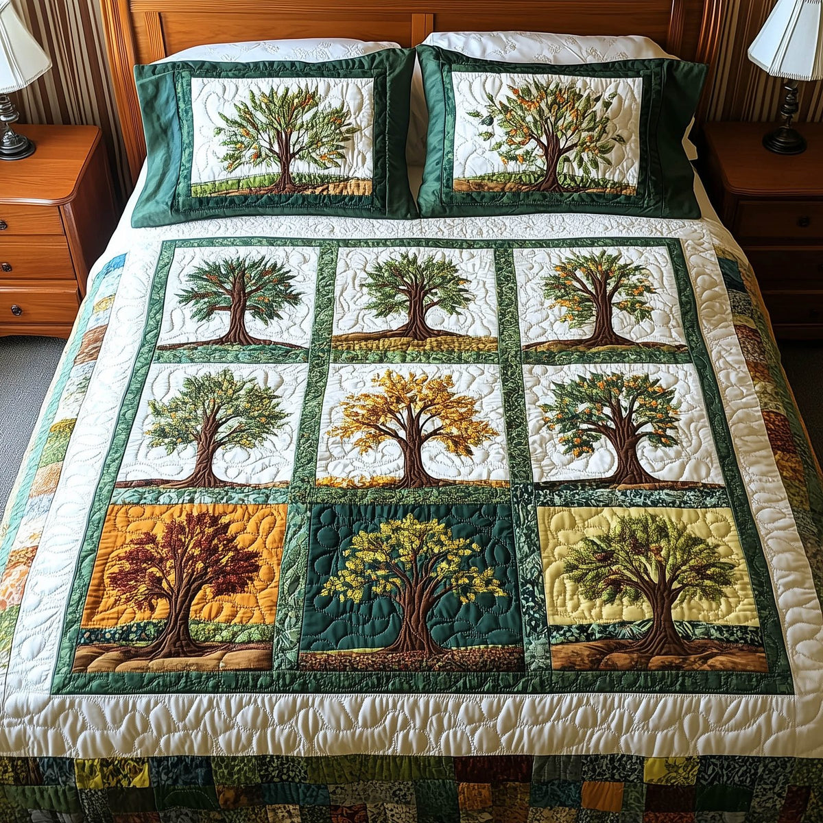 Forest Charm quilted 3-piece bedding set on a made bed with two matching pillow shams