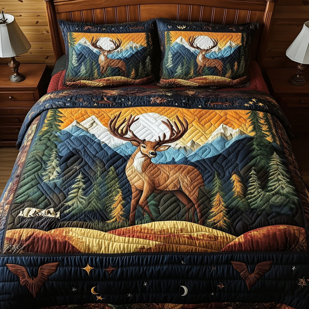 Forest Deer quilted 3-piece bedding set on a made bed with two matching pillow shams