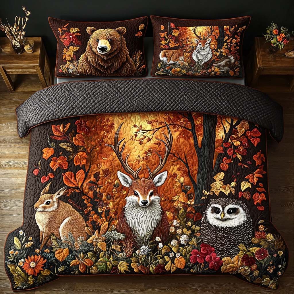 Forest Dreamscape quilted 3-piece bedding set on a made bed with two matching pillow shams