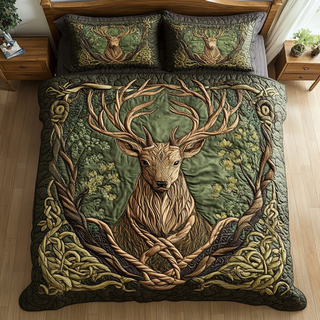 Forest Elegance quilted 3-piece bedding set on a made bed with two matching pillow shams