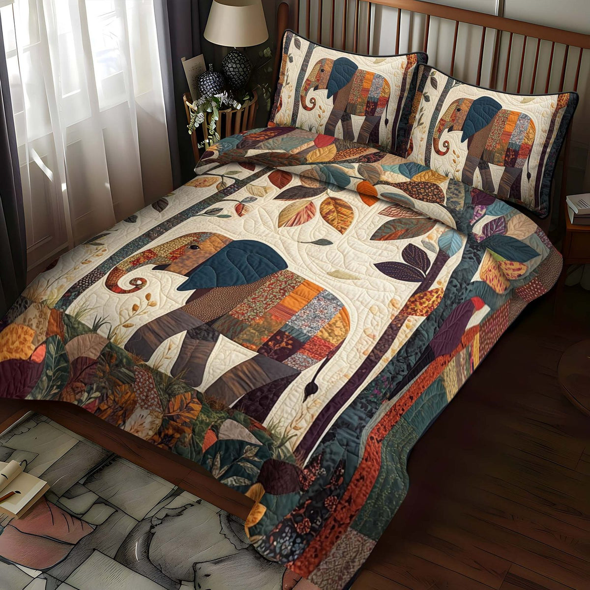 Forest Elephant quilted 3-piece bedding set on a made bed with two matching pillow shams