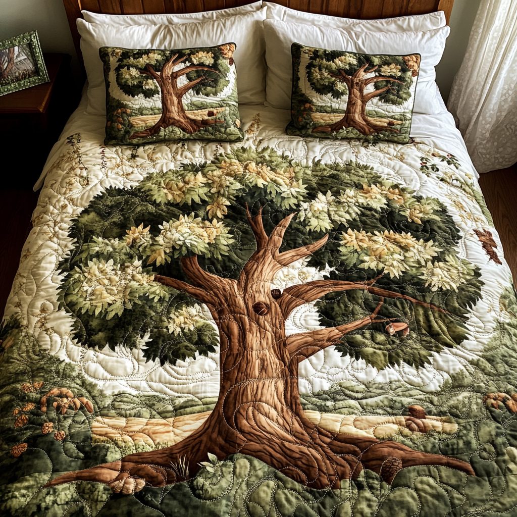 Forest Embrace quilted 3-piece bedding set on a made bed with two matching pillow shams