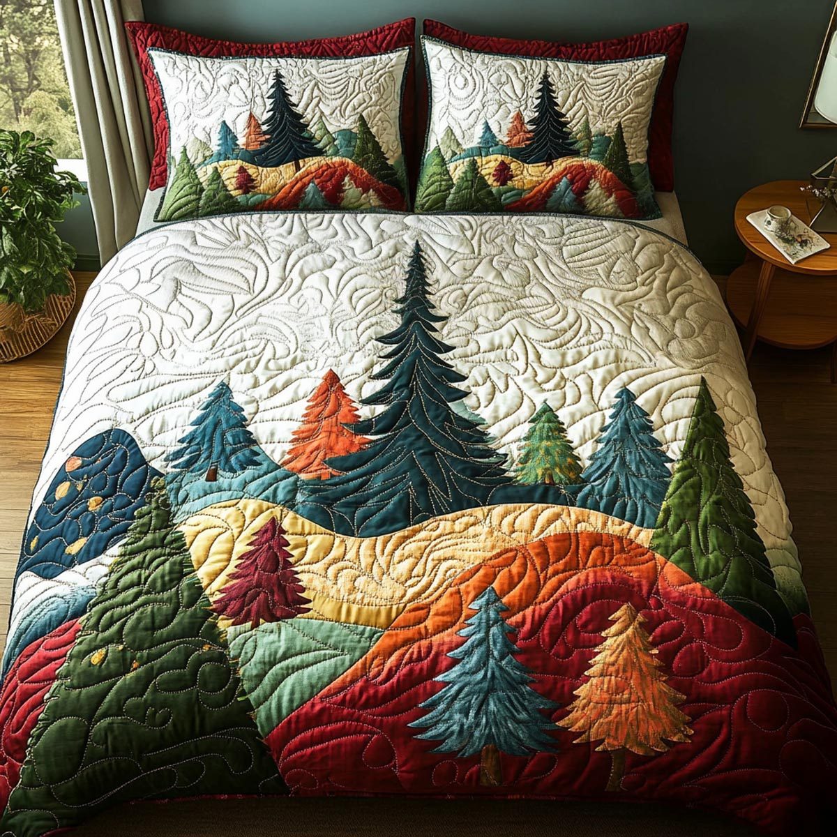 Forest Escape quilted 3-piece bedding set on a made bed with two matching pillow shams
