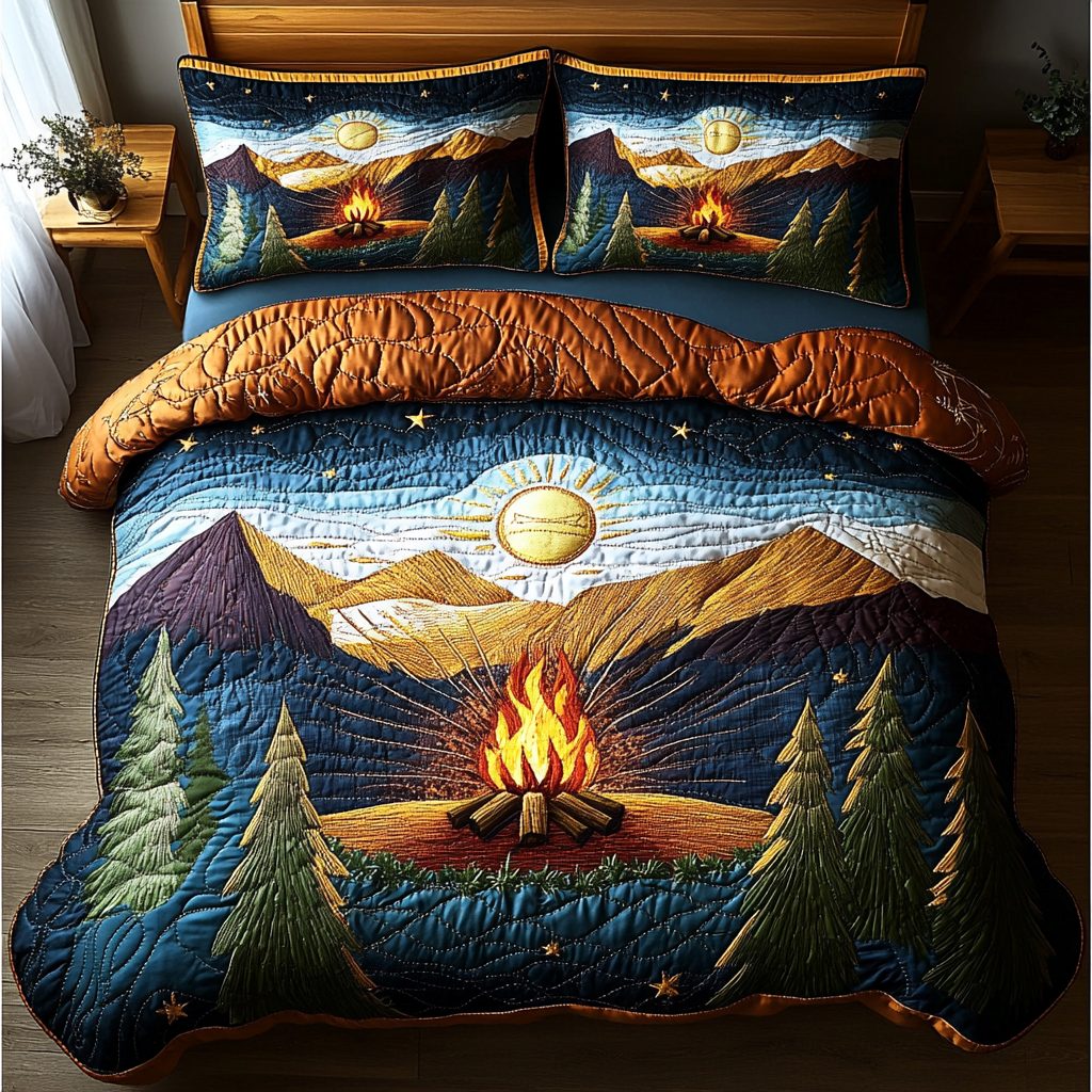 Forest Fire quilted 3-piece bedding set on a made bed with two matching pillow shams