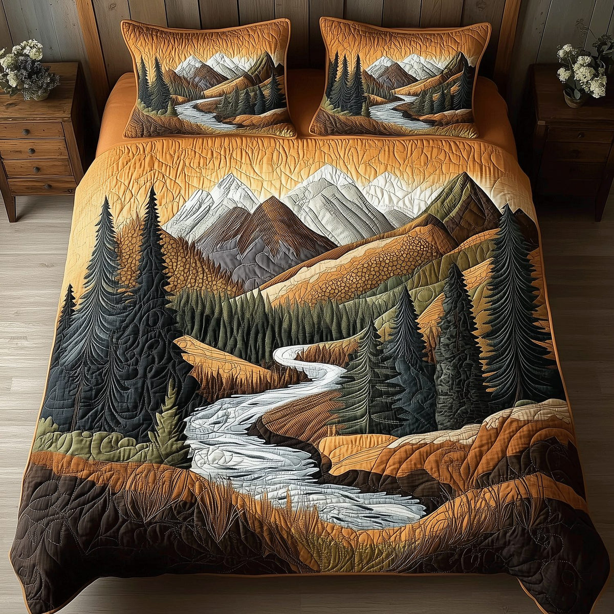 Forest Flow quilted 3-piece bedding set on a made bed with two matching pillow shams