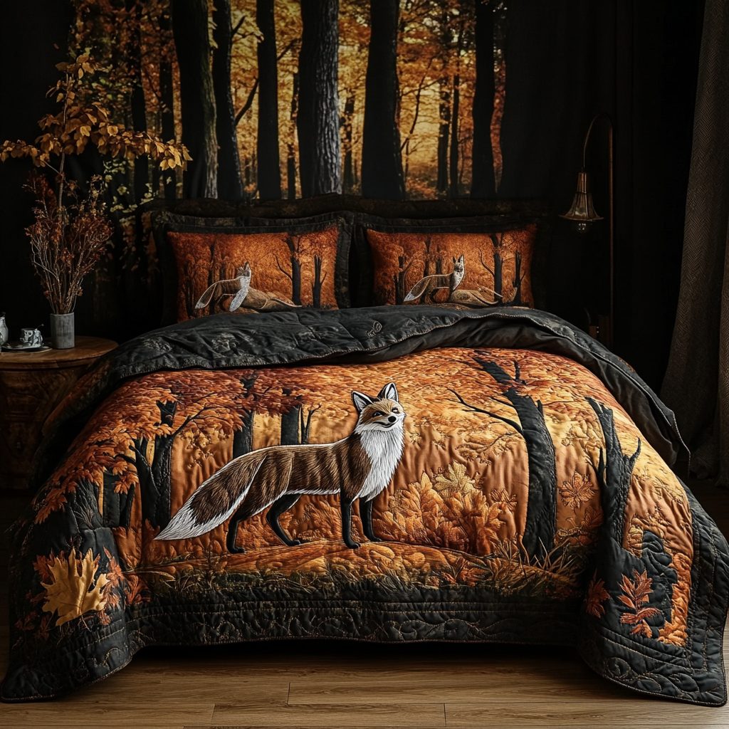 Forest Fox quilted 3-piece bedding set on a made bed with two matching pillow shams