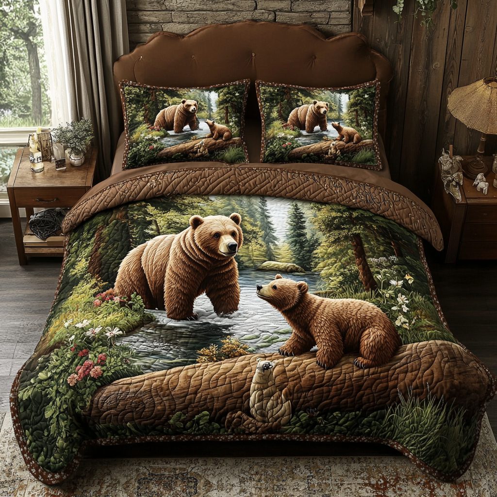 Forest Friends quilted 3-piece bedding set on a made bed with two matching pillow shams