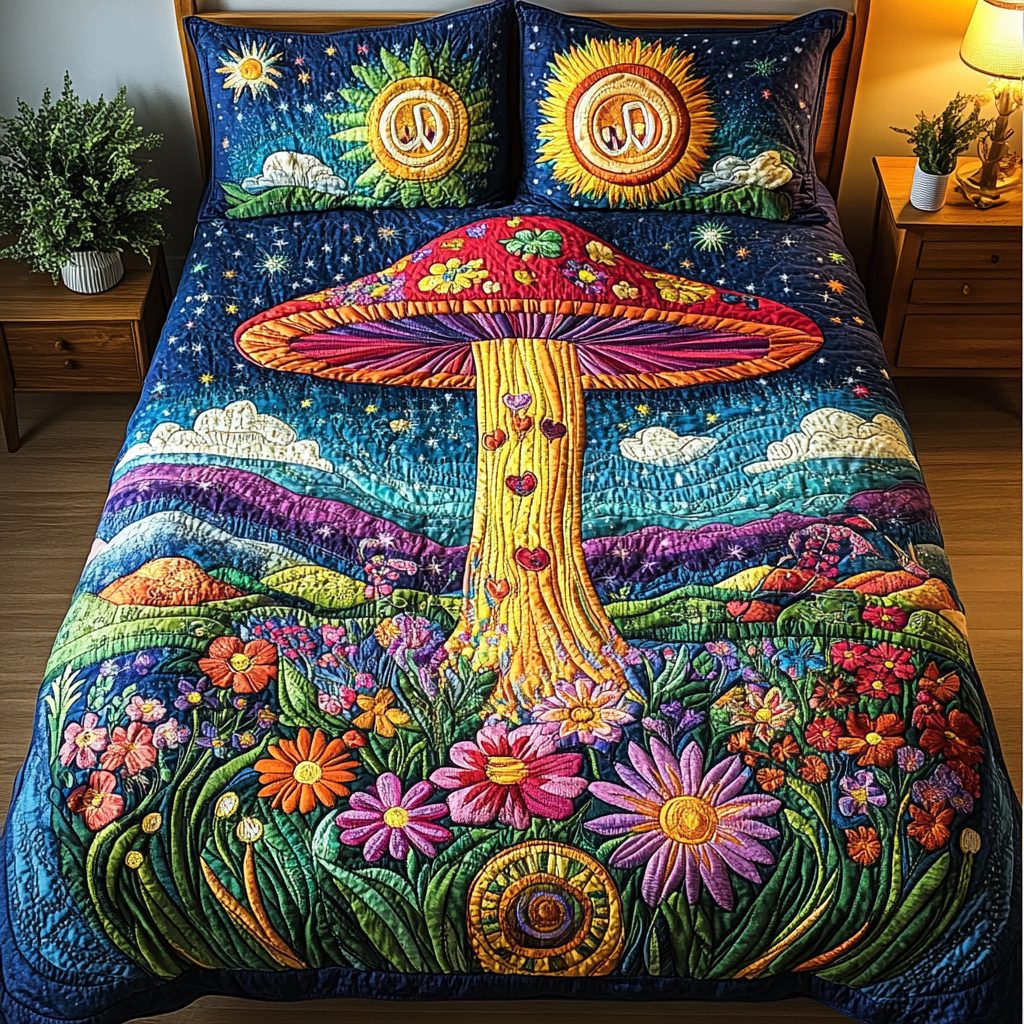 Forest Fungi quilted 3-piece bedding set on a made bed with two matching pillow shams