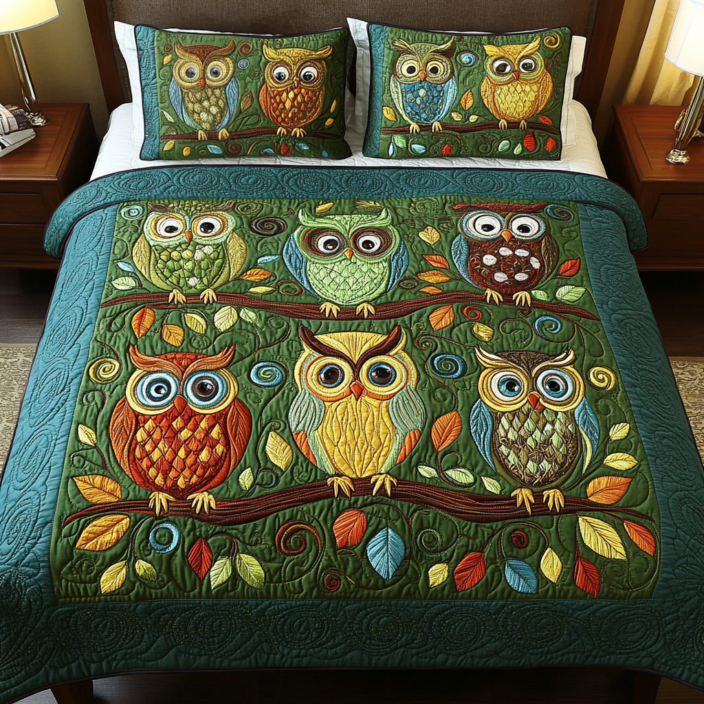 Forest Gaze quilted 3-piece bedding set on a made bed with two matching pillow shams