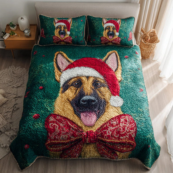 Forest German Shepherd quilted 3-piece bedding set on a made bed with two matching pillow shams