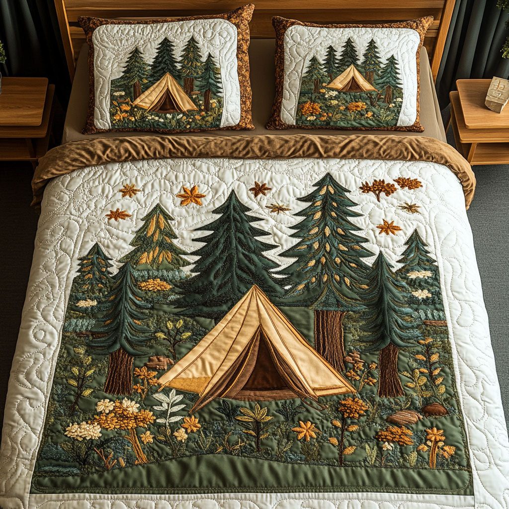 Forest Glade quilted 3-piece bedding set on a made bed with two matching pillow shams
